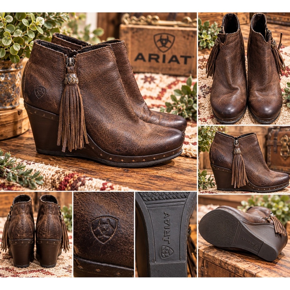 Ariat Womens Brown Leather Tassel Wedge Ankle Boots Studded Western Booties